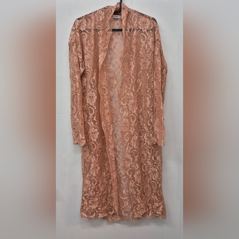 It Rocks! Open-Front Lace Duster Cardigan in Pink Peach Rose Gold Med-Large Fit